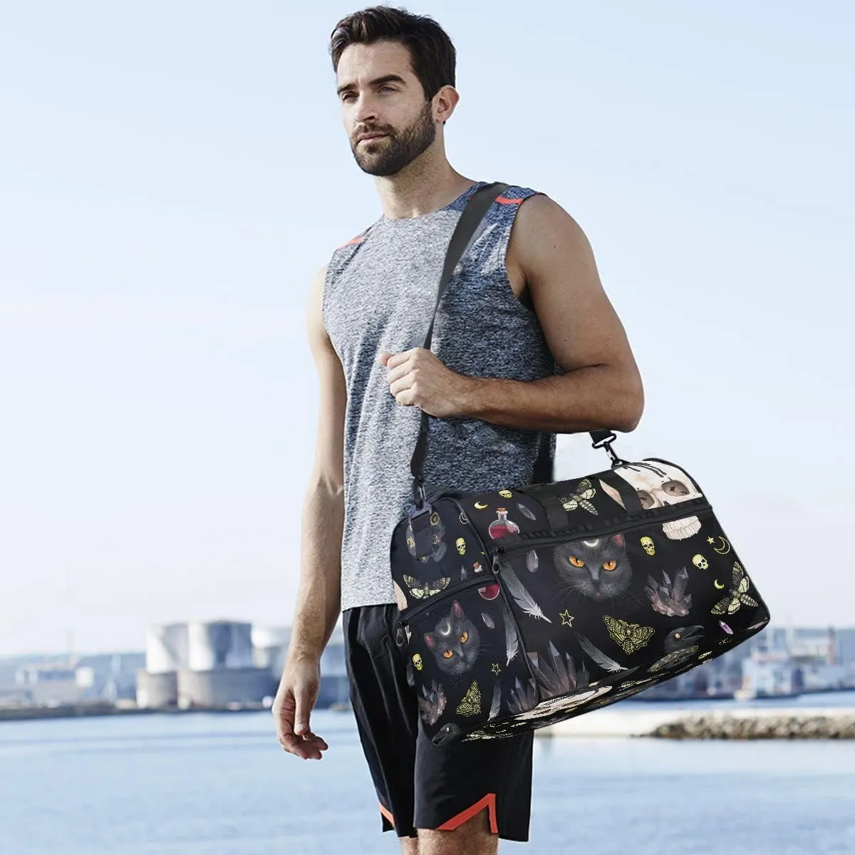 Travel Duffel Bags Black Cat Skull Moth Sports Duffel Bag Gym Bag Travel Luggage Overnight Bags for Men Women Duffel Bags with Adjustable Strap for Traveling