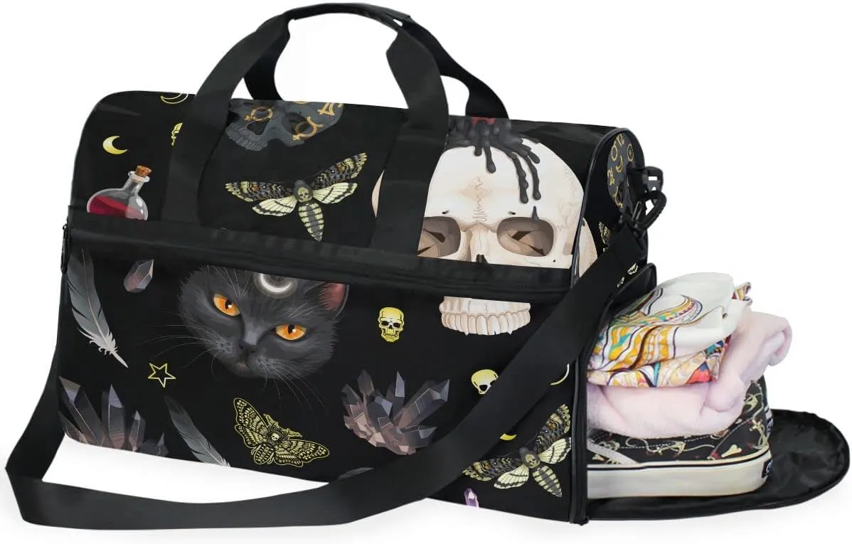 Travel Duffel Bags Black Cat Skull Moth Sports Duffel Bag Gym Bag Travel Luggage Overnight Bags for Men Women Duffel Bags with Adjustable Strap for Traveling