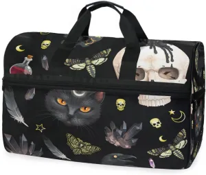 Travel Duffel Bags Black Cat Skull Moth Sports Duffel Bag Gym Bag Travel Luggage Overnight Bags for Men Women Duffel Bags with Adjustable Strap for Traveling