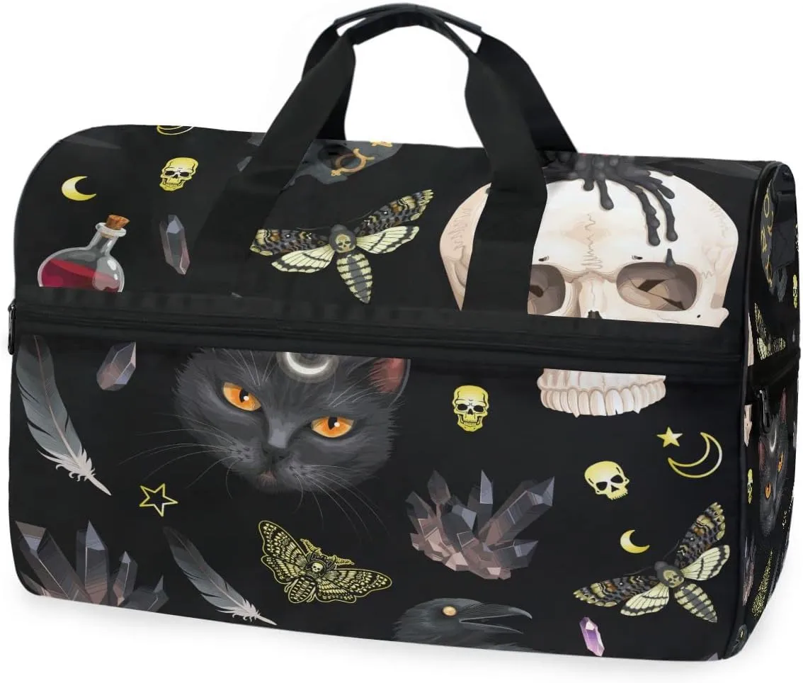 Travel Duffel Bags Black Cat Skull Moth Sports Duffel Bag Gym Bag Travel Luggage Overnight Bags for Men Women Duffel Bags with Adjustable Strap for Traveling