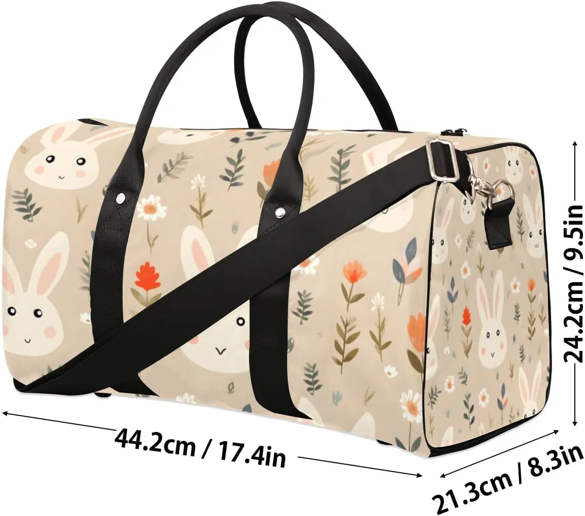 Travel Duffle Bag Bunny Rabbit Floral Gym Bags for Men Women Travel Duffel Bags with Adjustable Shoulder Strap Carry On Weekender Bag