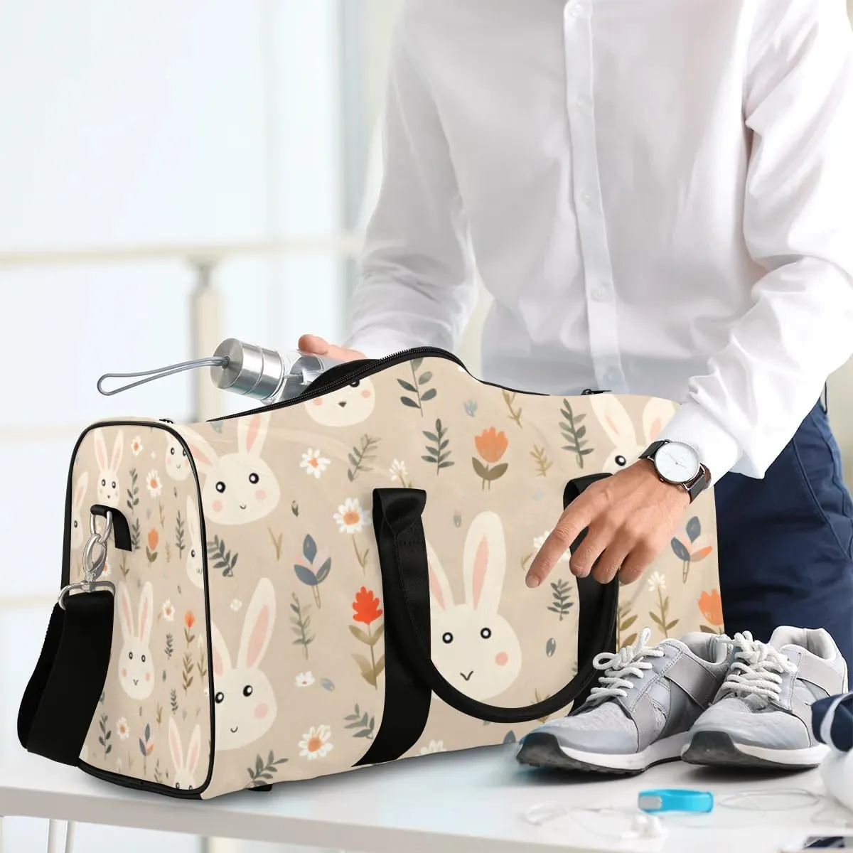 Travel Duffle Bag Bunny Rabbit Floral Gym Bags for Men Women Travel Duffel Bags with Adjustable Shoulder Strap Carry On Weekender Bag
