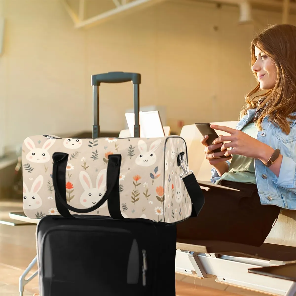 Travel Duffle Bag Bunny Rabbit Floral Gym Bags for Men Women Travel Duffel Bags with Adjustable Shoulder Strap Carry On Weekender Bag