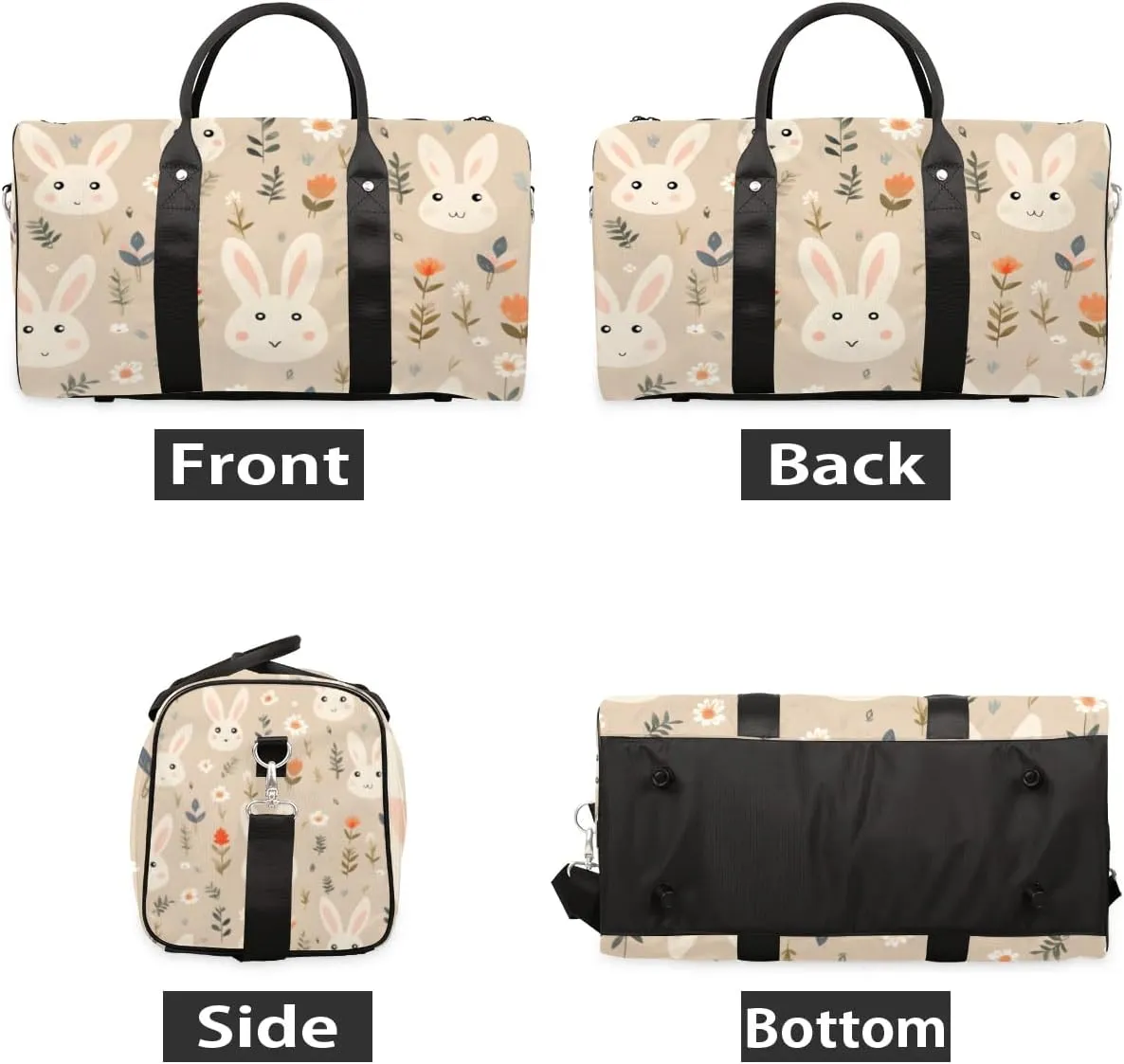 Travel Duffle Bag Bunny Rabbit Floral Gym Bags for Men Women Travel Duffel Bags with Adjustable Shoulder Strap Carry On Weekender Bag