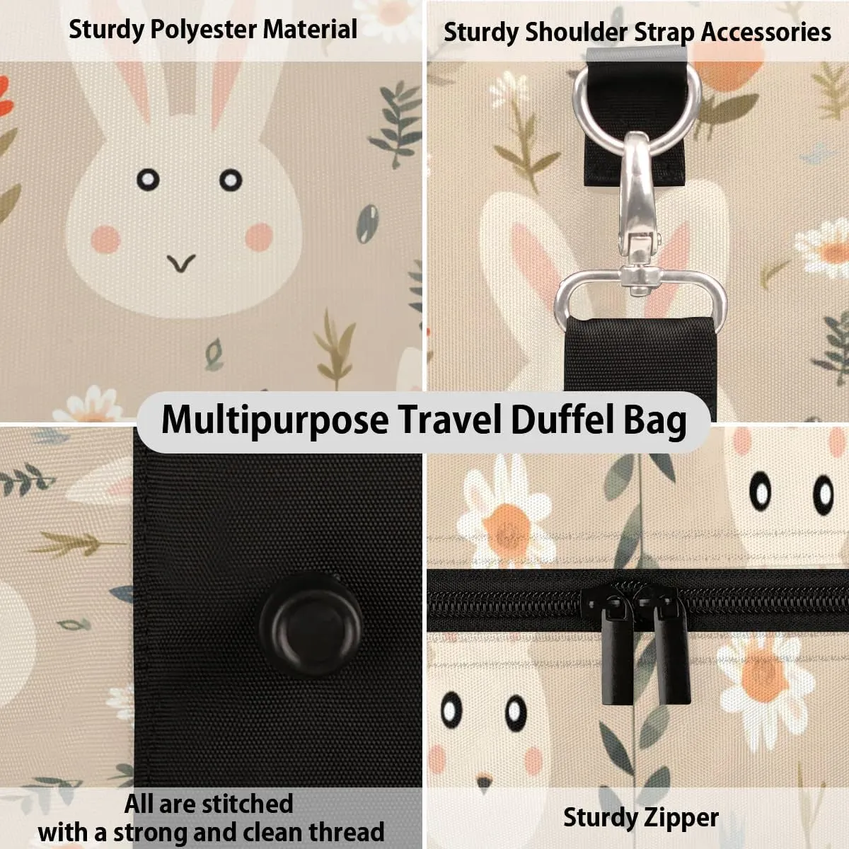 Travel Duffle Bag Bunny Rabbit Floral Gym Bags for Men Women Travel Duffel Bags with Adjustable Shoulder Strap Carry On Weekender Bag