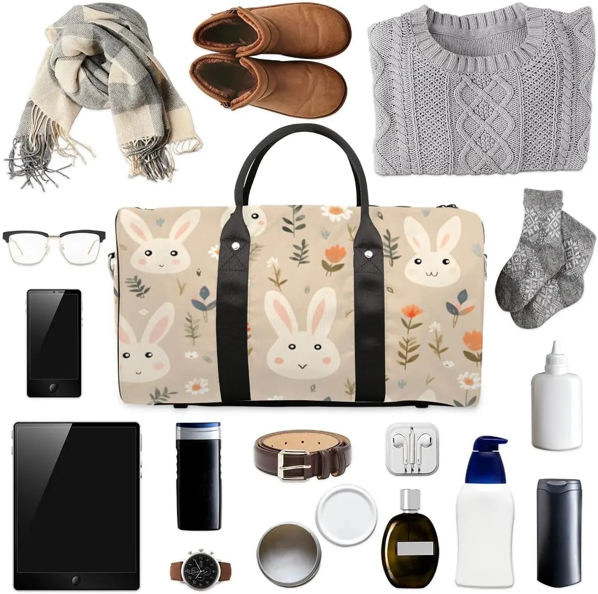 Travel Duffle Bag Bunny Rabbit Floral Gym Bags for Men Women Travel Duffel Bags with Adjustable Shoulder Strap Carry On Weekender Bag