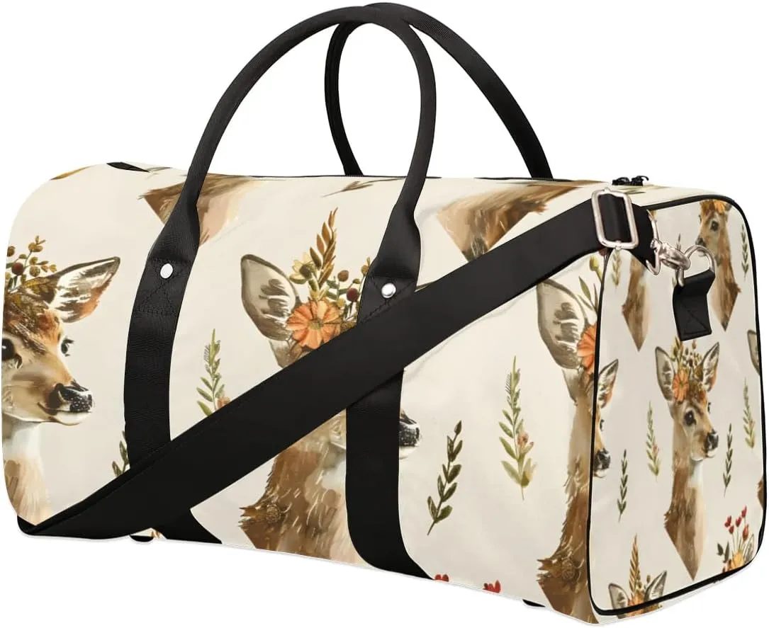 Travel Duffle Bag Deer Floral Print Gym Bags for Men Women Travel Duffel Bags with Adjustable Shoulder Strap Carry On Weekender Bag