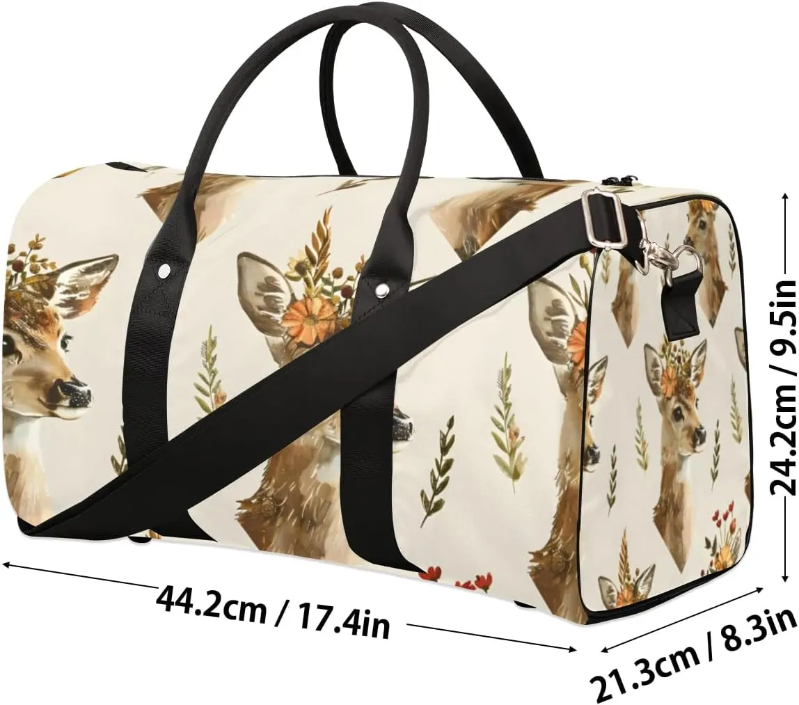 Travel Duffle Bag Deer Floral Print Gym Bags for Men Women Travel Duffel Bags with Adjustable Shoulder Strap Carry On Weekender Bag