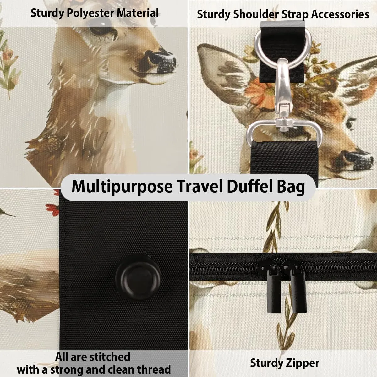 Travel Duffle Bag Deer Floral Print Gym Bags for Men Women Travel Duffel Bags with Adjustable Shoulder Strap Carry On Weekender Bag