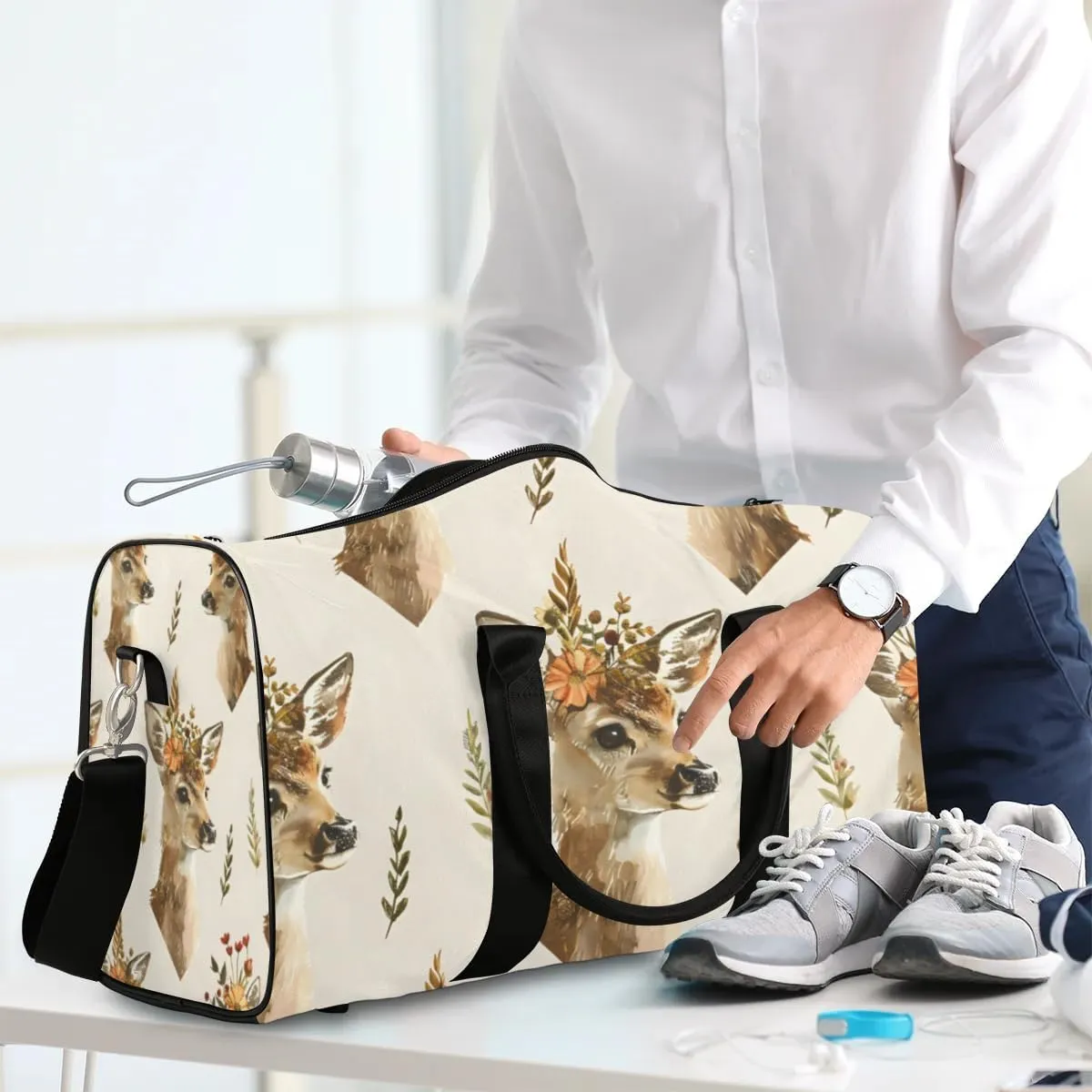 Travel Duffle Bag Deer Floral Print Gym Bags for Men Women Travel Duffel Bags with Adjustable Shoulder Strap Carry On Weekender Bag
