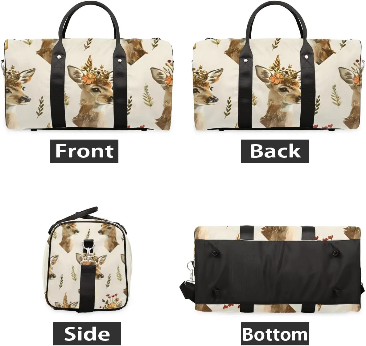 Travel Duffle Bag Deer Floral Print Gym Bags for Men Women Travel Duffel Bags with Adjustable Shoulder Strap Carry On Weekender Bag