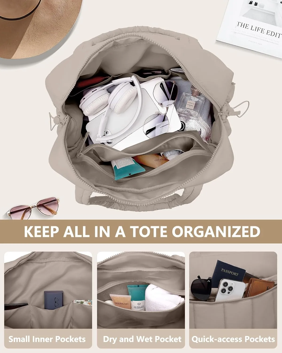 Travel Duffle Bag for Women: Weekender Bags with Toiletry Bag Gym Yoga Bag with Wet Pocket Water Resistant Weekend Carry on Duffel Tote Bag for Workout Sports Hospital Bags Camel