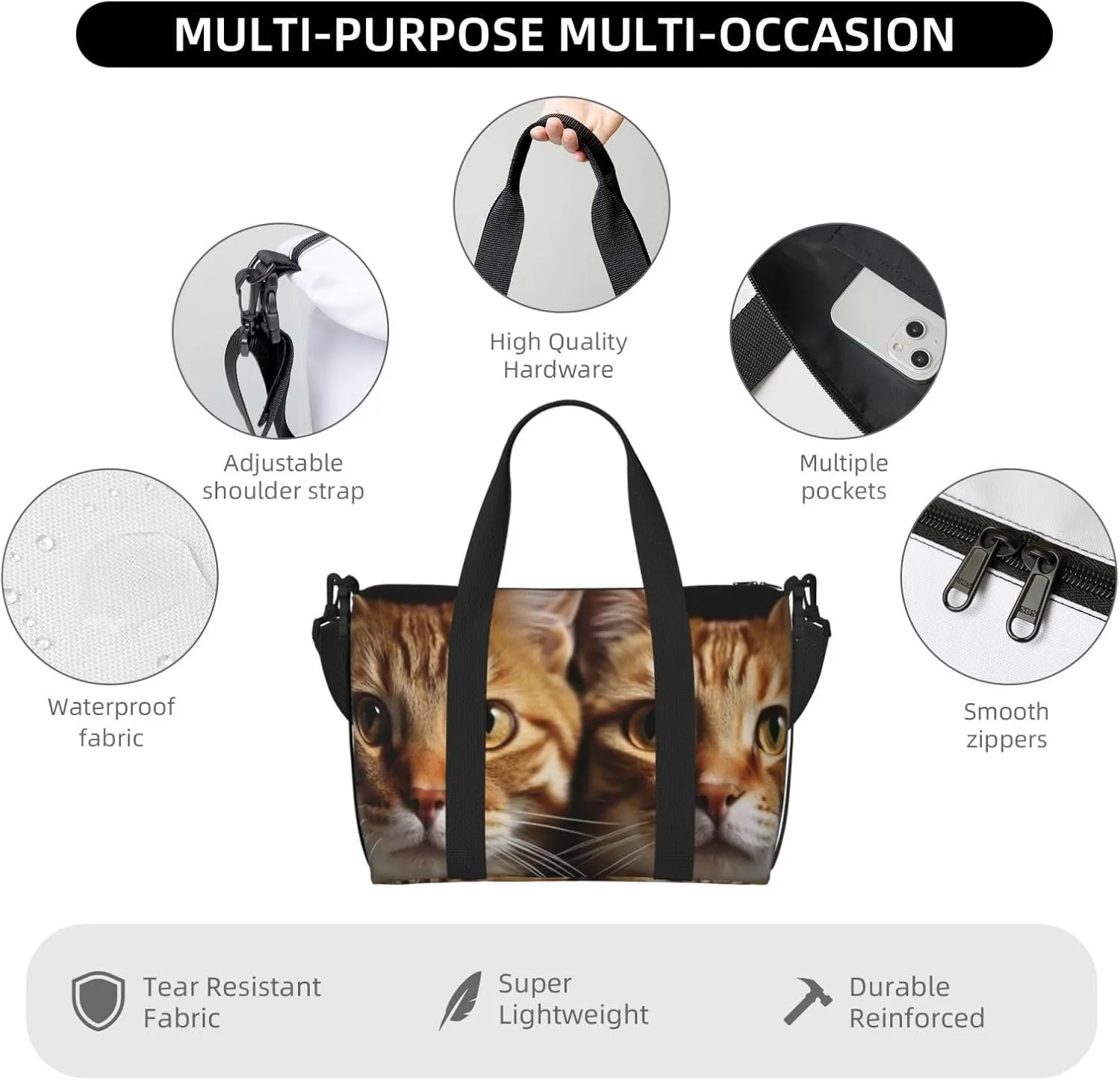 Travel Duffle Bag Weekender Bags for Men Women Adjustable Large Capacity Weekender Overnight Bag Carry On Tote Bags Waterproof Sport Gym Bag for Travel Yoga, Cats, One Size