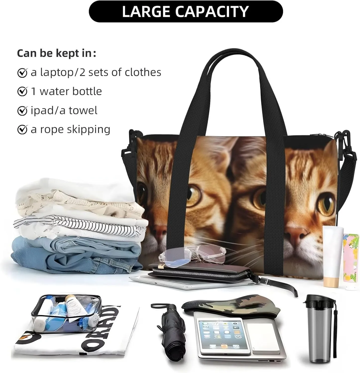 Travel Duffle Bag Weekender Bags for Men Women Adjustable Large Capacity Weekender Overnight Bag Carry On Tote Bags Waterproof Sport Gym Bag for Travel Yoga, Cats, One Size