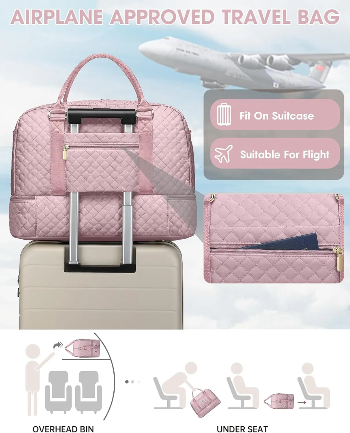 Travel Duffle Bag Weekender Bags: Pink Duffel Bag with Shoe Compartment Carry On Overnight Bag with Wet Pocket Yoga Gym Bags Hospital Bags for Labor and Delivery 3 Pcs Set