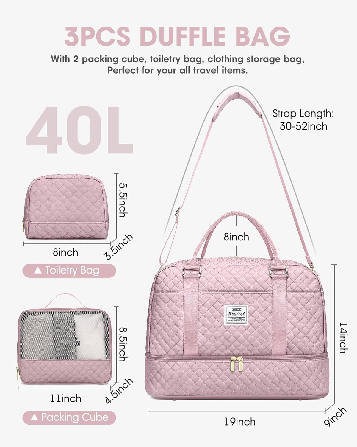 Travel Duffle Bag Weekender Bags: Pink Duffel Bag with Shoe Compartment Carry On Overnight Bag with Wet Pocket Yoga Gym Bags Hospital Bags for Labor and Delivery 3 Pcs Set