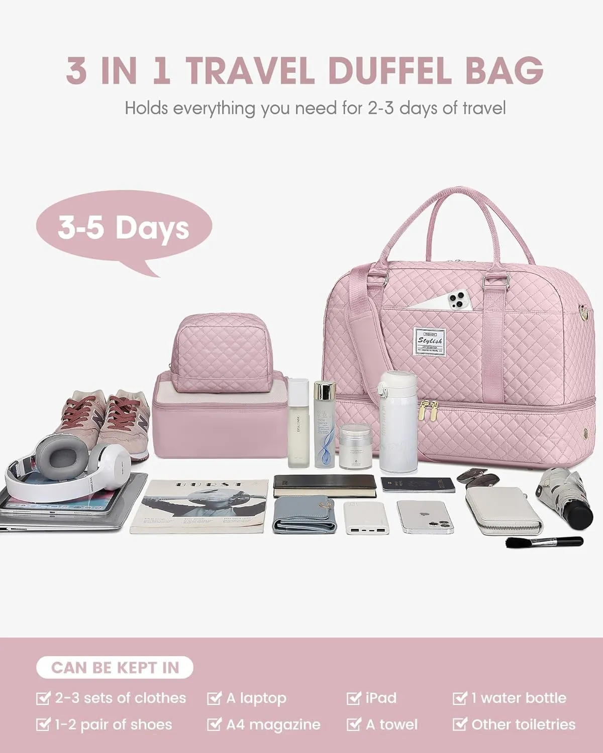 Travel Duffle Bag Weekender Bags: Pink Duffel Bag with Shoe Compartment Carry On Overnight Bag with Wet Pocket Yoga Gym Bags Hospital Bags for Labor and Delivery 3 Pcs Set