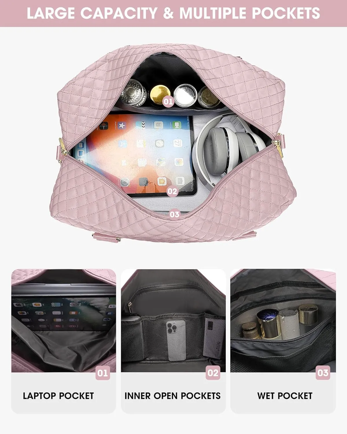 Travel Duffle Bag Weekender Bags: Pink Duffel Bag with Shoe Compartment Carry On Overnight Bag with Wet Pocket Yoga Gym Bags Hospital Bags for Labor and Delivery 3 Pcs Set