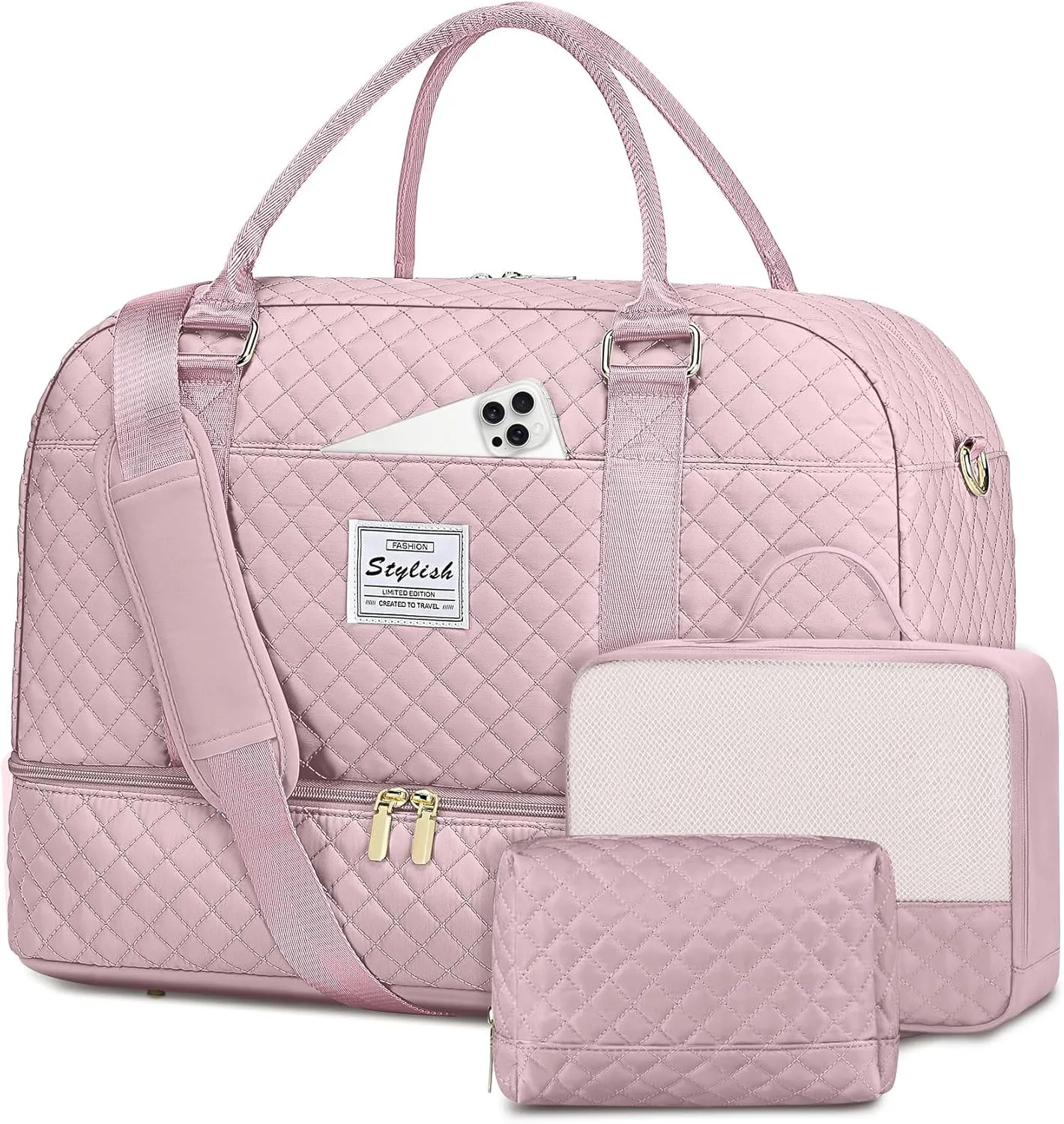 Travel Duffle Bag Weekender Bags: Pink Duffel Bag with Shoe Compartment Carry On Overnight Bag with Wet Pocket Yoga Gym Bags Hospital Bags for Labor and Delivery 3 Pcs Set
