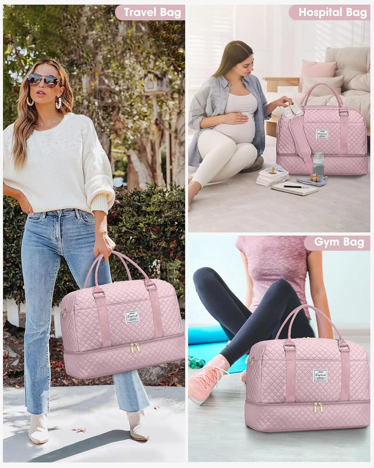 Travel Duffle Bag Weekender Bags: Pink Duffel Bag with Shoe Compartment Carry On Overnight Bag with Wet Pocket Yoga Gym Bags Hospital Bags for Labor and Delivery 3 Pcs Set