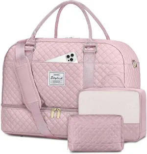 Travel Duffle Bag Weekender Bags: Pink Duffel Bag with Shoe Compartment Carry On Overnight Bag with Wet Pocket Yoga Gym Bags Hospital Bags for Labor and Delivery 3 Pcs Set