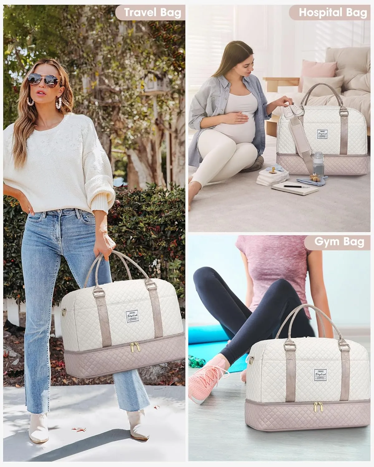 Travel Duffle Bag Weekender for Women: Large Travel Duffel Bag Carry On Overnight Bag with Shoe Compartment Wet Pocket Large Weekend Tote Bag with Toiletry Bags Gym Duffel Bag for Hospital Beige Nude
