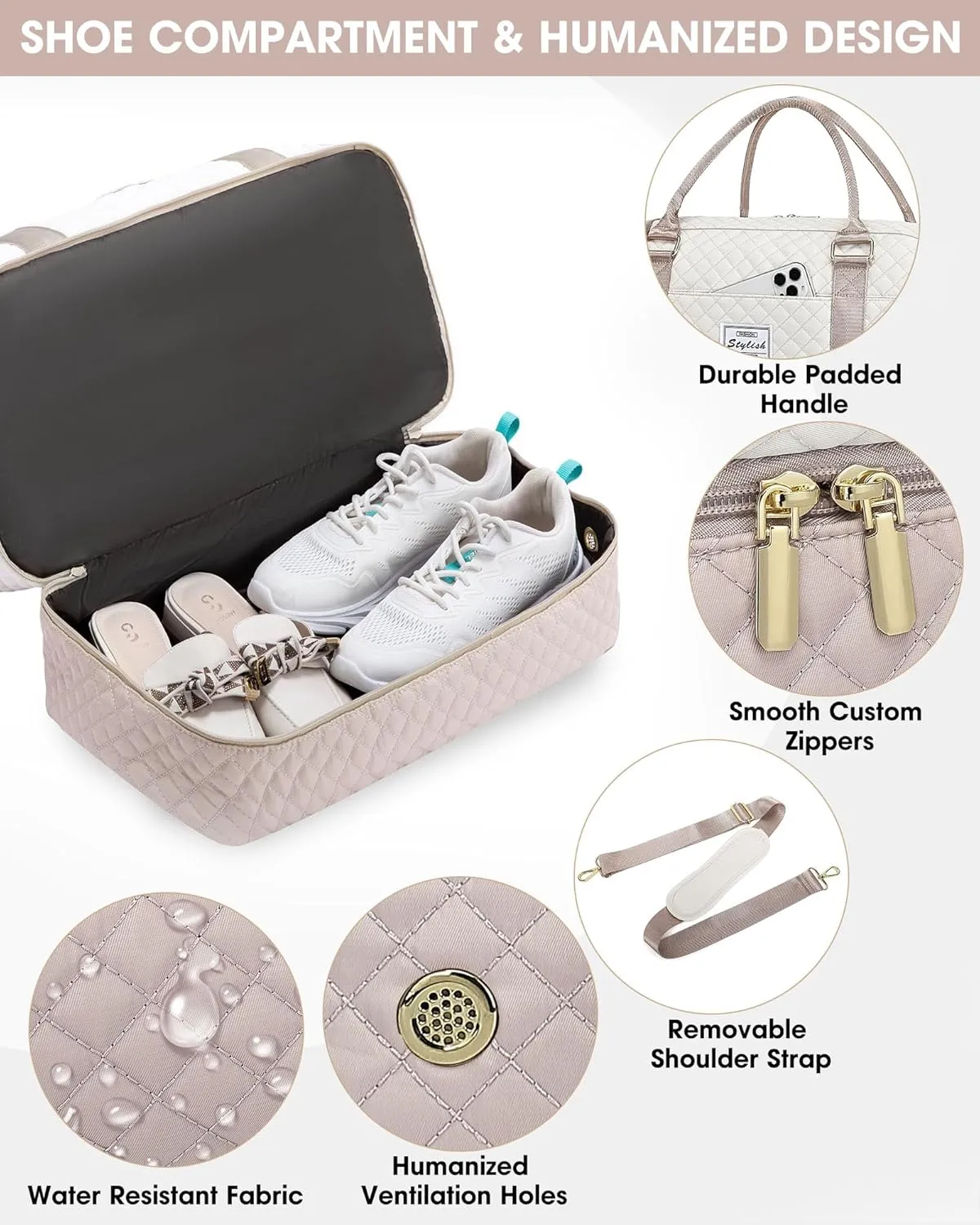 Travel Duffle Bag Weekender for Women: Large Travel Duffel Bag Carry On Overnight Bag with Shoe Compartment Wet Pocket Large Weekend Tote Bag with Toiletry Bags Gym Duffel Bag for Hospital Beige Nude