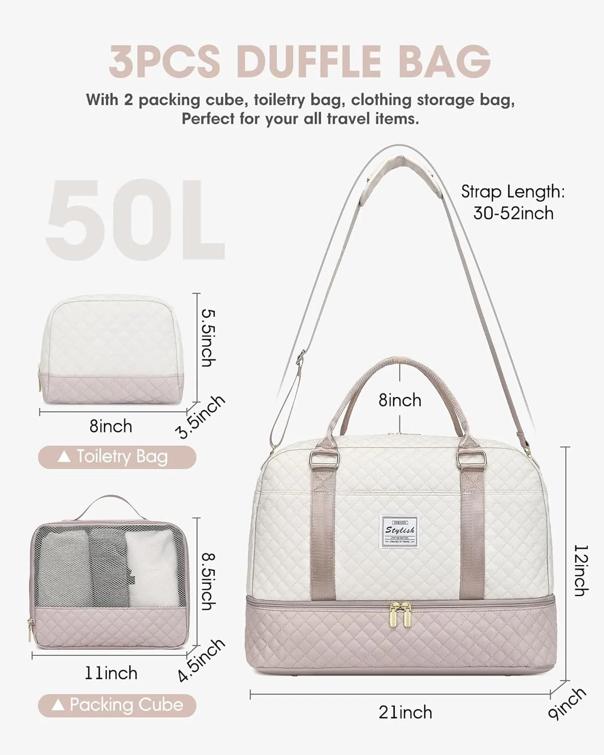 Travel Duffle Bag Weekender for Women: Large Travel Duffel Bag Carry On Overnight Bag with Shoe Compartment Wet Pocket Large Weekend Tote Bag with Toiletry Bags Gym Duffel Bag for Hospital Beige Nude