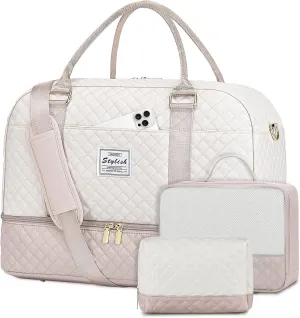 Travel Duffle Bag Weekender for Women: Large Travel Duffel Bag Carry On Overnight Bag with Shoe Compartment Wet Pocket Large Weekend Tote Bag with Toiletry Bags Gym Duffel Bag for Hospital Beige Nude
