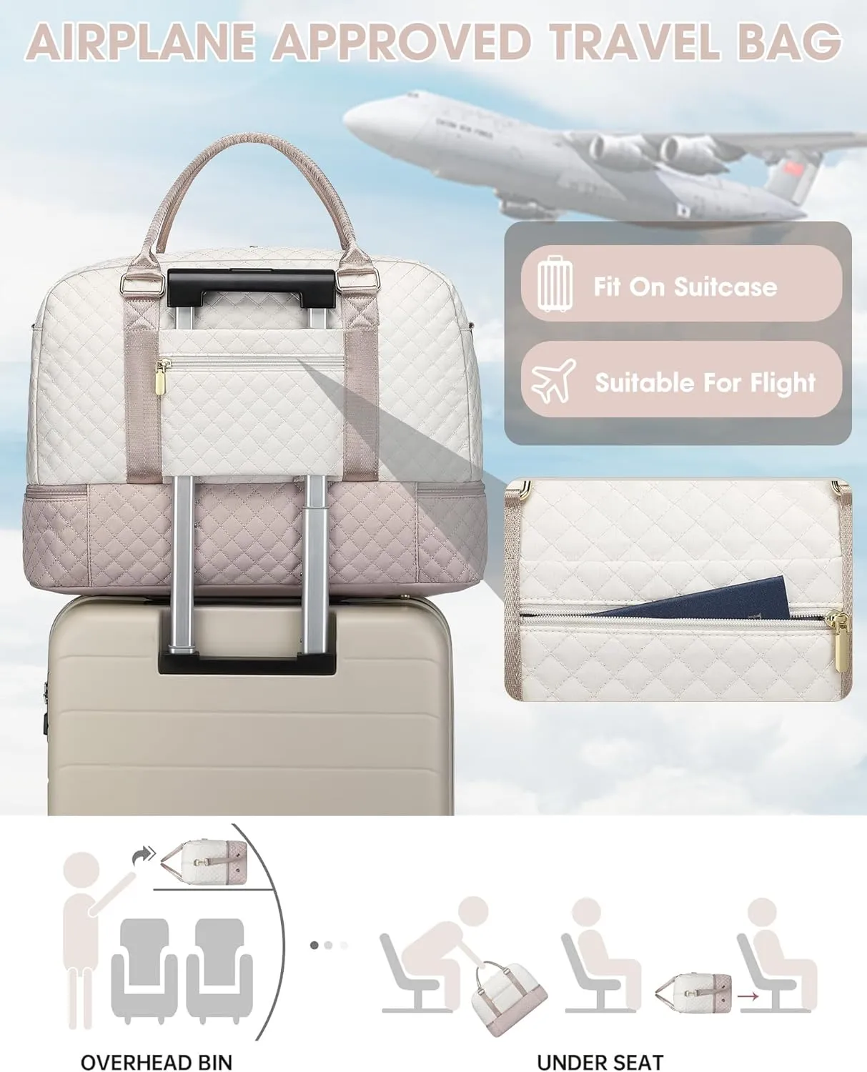 Travel Duffle Bag Weekender for Women: Large Travel Duffel Bag Carry On Overnight Bag with Shoe Compartment Wet Pocket Large Weekend Tote Bag with Toiletry Bags Gym Duffel Bag for Hospital Beige Nude