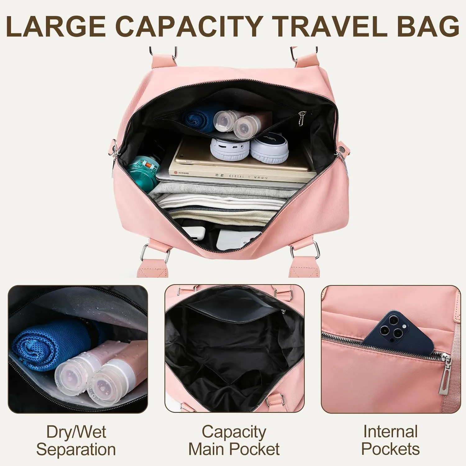 Travel Duffle Bag,Gym Bag for Women Weekender Carry on Overnight Bag Personal Item Bags Yoga Tote Bag with Wet Pocket Toiletry Makeup Bags for Sport Dance Trips Hospital Pink