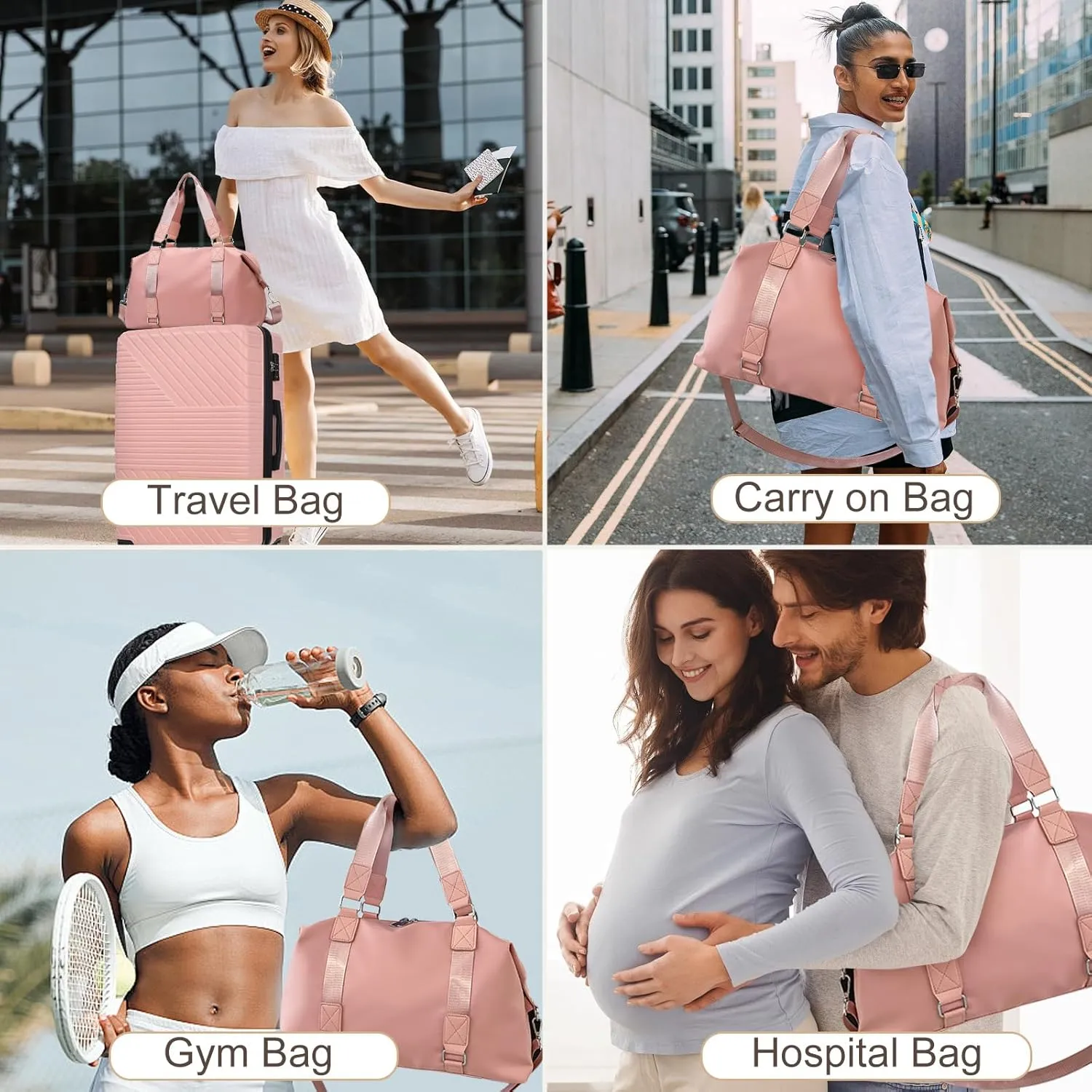 Travel Duffle Bag,Gym Bag for Women Weekender Carry on Overnight Bag Personal Item Bags Yoga Tote Bag with Wet Pocket Toiletry Makeup Bags for Sport Dance Trips Hospital Pink