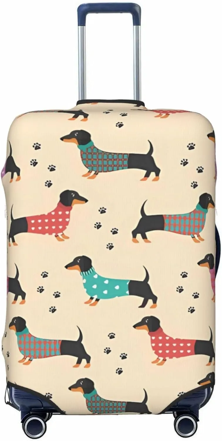 Travel Luggage Cover Suitcase Elastic Washable Stretch Dachshund Dogs In Pajamas Paw Print Suitcase Protector Bag,Anti-Scratch Spandex Double-Sided Baggage Covers For Wheeled Suitcase Kid Adult