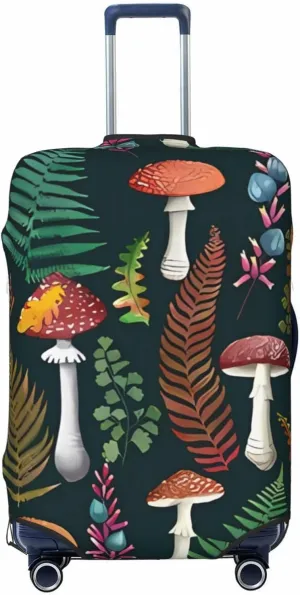 Travel Luggage Cover Suitcase Elastic Washable Stretch Fall Fern Leaves Mushrooms Suitcase Protector Bag,Anti-Scratch Spandex Double-Sided Baggage Covers For Wheeled Suitcase Kid Adult