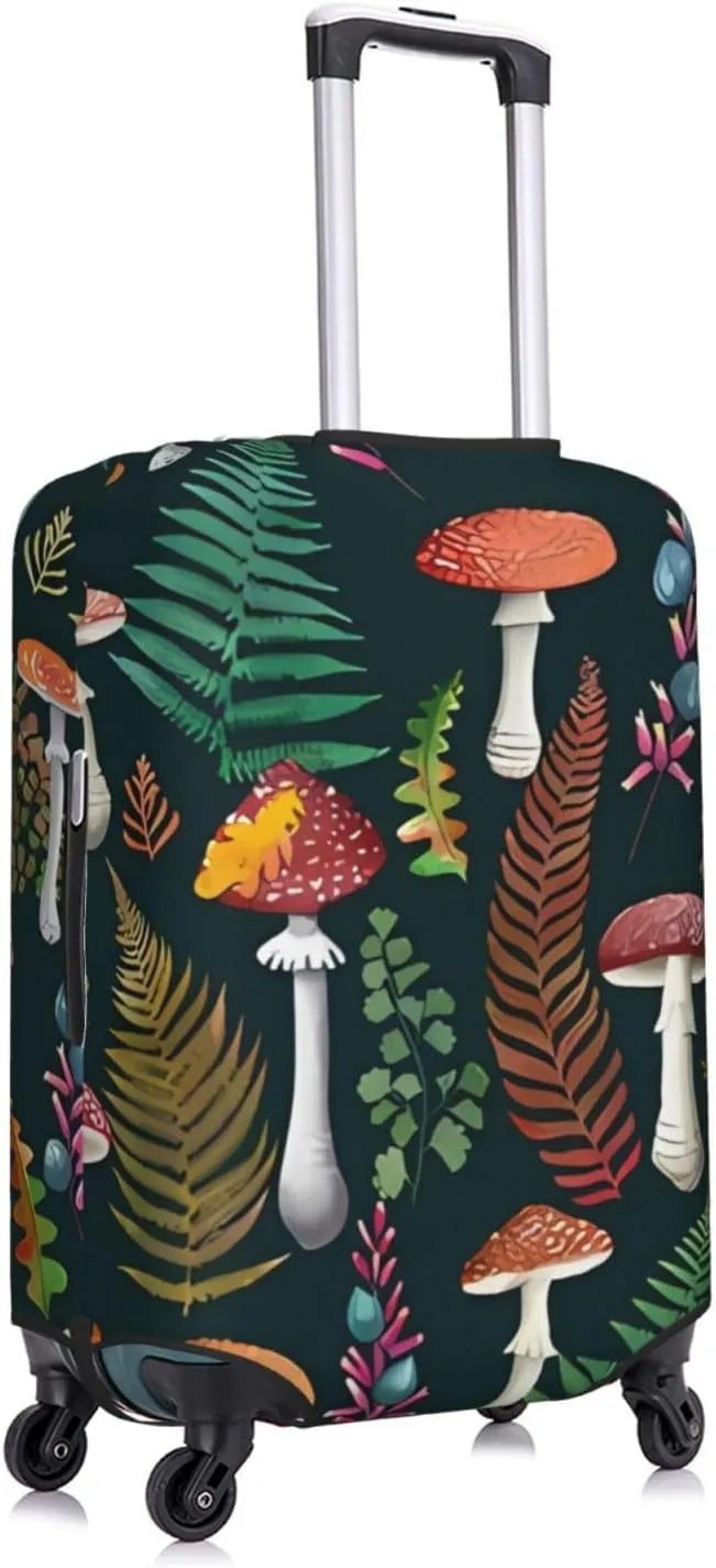 Travel Luggage Cover Suitcase Elastic Washable Stretch Fall Fern Leaves Mushrooms Suitcase Protector Bag,Anti-Scratch Spandex Double-Sided Baggage Covers For Wheeled Suitcase Kid Adult