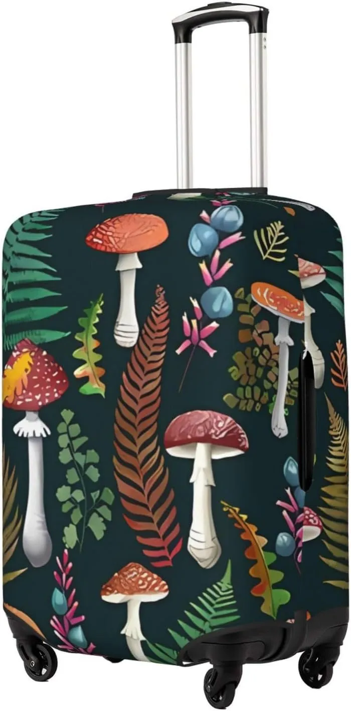 Travel Luggage Cover Suitcase Elastic Washable Stretch Fall Fern Leaves Mushrooms Suitcase Protector Bag,Anti-Scratch Spandex Double-Sided Baggage Covers For Wheeled Suitcase Kid Adult