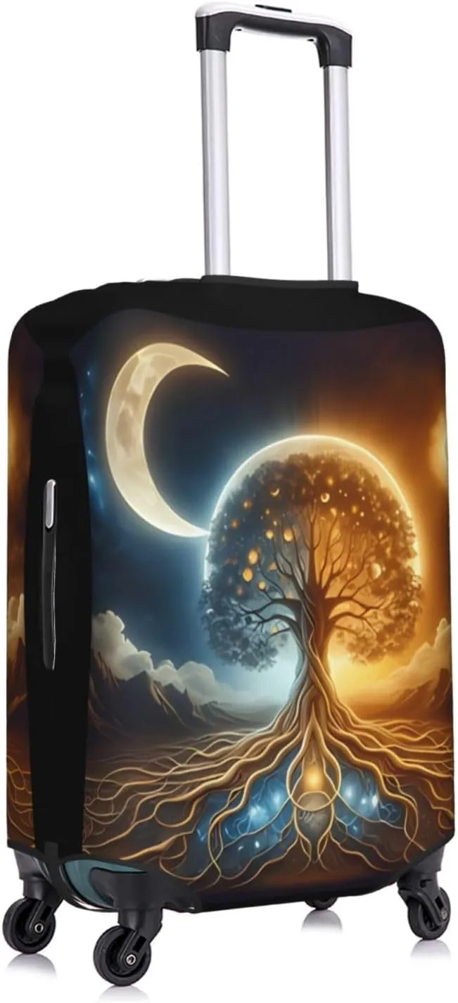 Travel Luggage Cover Suitcase Elastic Washable Stretch Sun Moon Tree Life Roots Branches Suitcase Protector Bag,Anti-Scratch Spandex Double-Sided Baggage Covers For Wheeled Suitcase Kid Adult
