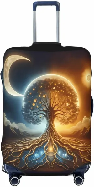 Travel Luggage Cover Suitcase Elastic Washable Stretch Sun Moon Tree Life Roots Branches Suitcase Protector Bag,Anti-Scratch Spandex Double-Sided Baggage Covers For Wheeled Suitcase Kid Adult