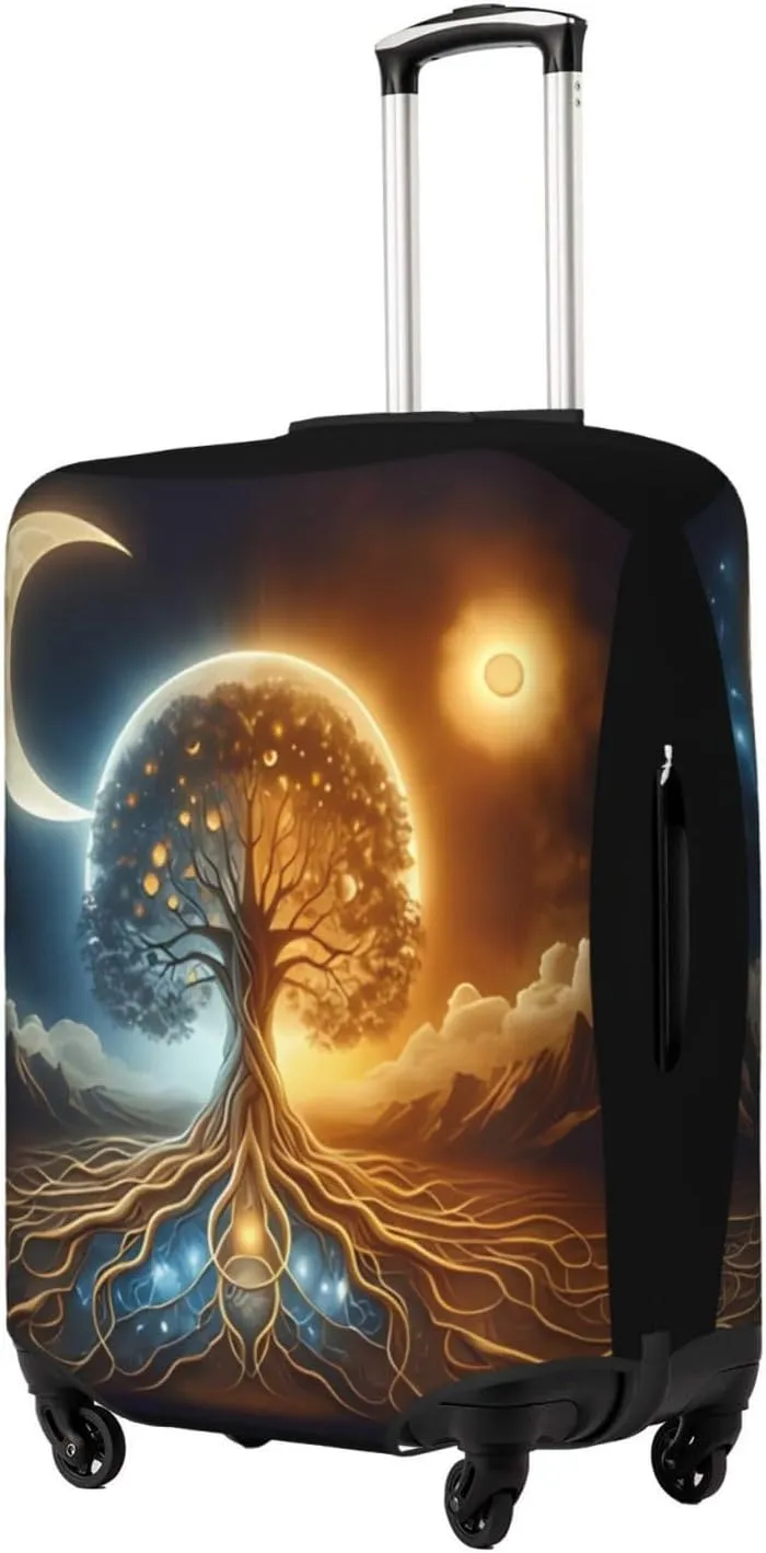 Travel Luggage Cover Suitcase Elastic Washable Stretch Sun Moon Tree Life Roots Branches Suitcase Protector Bag,Anti-Scratch Spandex Double-Sided Baggage Covers For Wheeled Suitcase Kid Adult