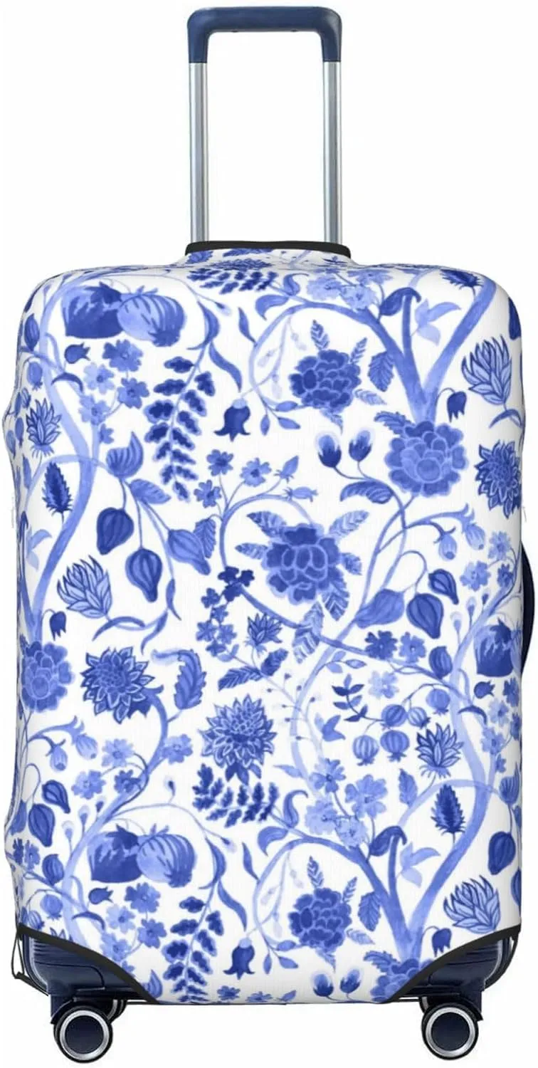 Travel Luggage Cover Suitcase Elastic Washable Stretch Vintage Blue Blooming Flowers Chinoiserie Suitcase Protector Bag,Anti-Scratch Spandex Double-Sided