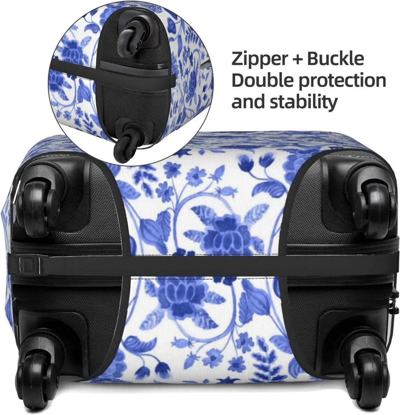 Travel Luggage Cover Suitcase Elastic Washable Stretch Vintage Blue Blooming Flowers Chinoiserie Suitcase Protector Bag,Anti-Scratch Spandex Double-Sided