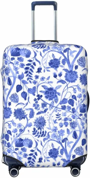 Travel Luggage Cover Suitcase Elastic Washable Stretch Vintage Blue Blooming Flowers Chinoiserie Suitcase Protector Bag,Anti-Scratch Spandex Double-Sided