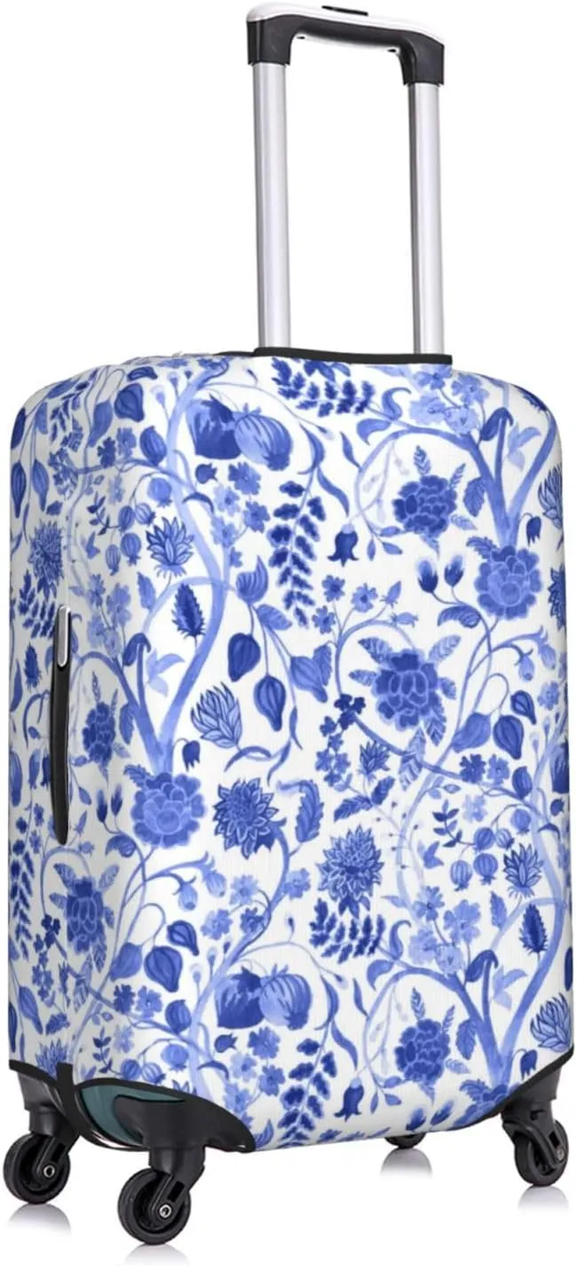 Travel Luggage Cover Suitcase Elastic Washable Stretch Vintage Blue Blooming Flowers Chinoiserie Suitcase Protector Bag,Anti-Scratch Spandex Double-Sided