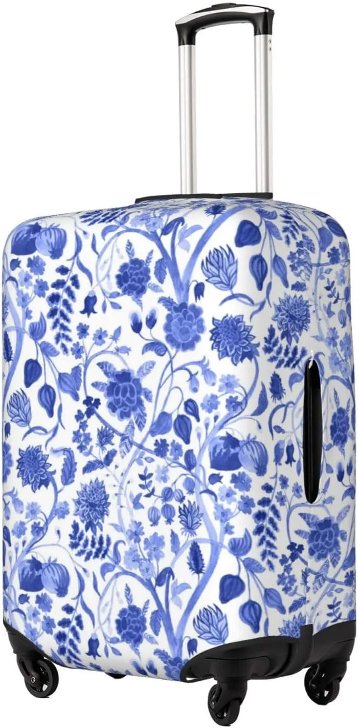 Travel Luggage Cover Suitcase Elastic Washable Stretch Vintage Blue Blooming Flowers Chinoiserie Suitcase Protector Bag,Anti-Scratch Spandex Double-Sided