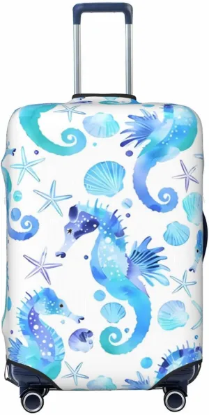 Travel Luggage Cover Suitcase Elastic Washable Watercolor Seahorses Starfishes Seashells Suitcase Protector Bag,Anti-Scratch Baggage Covers,X-Large