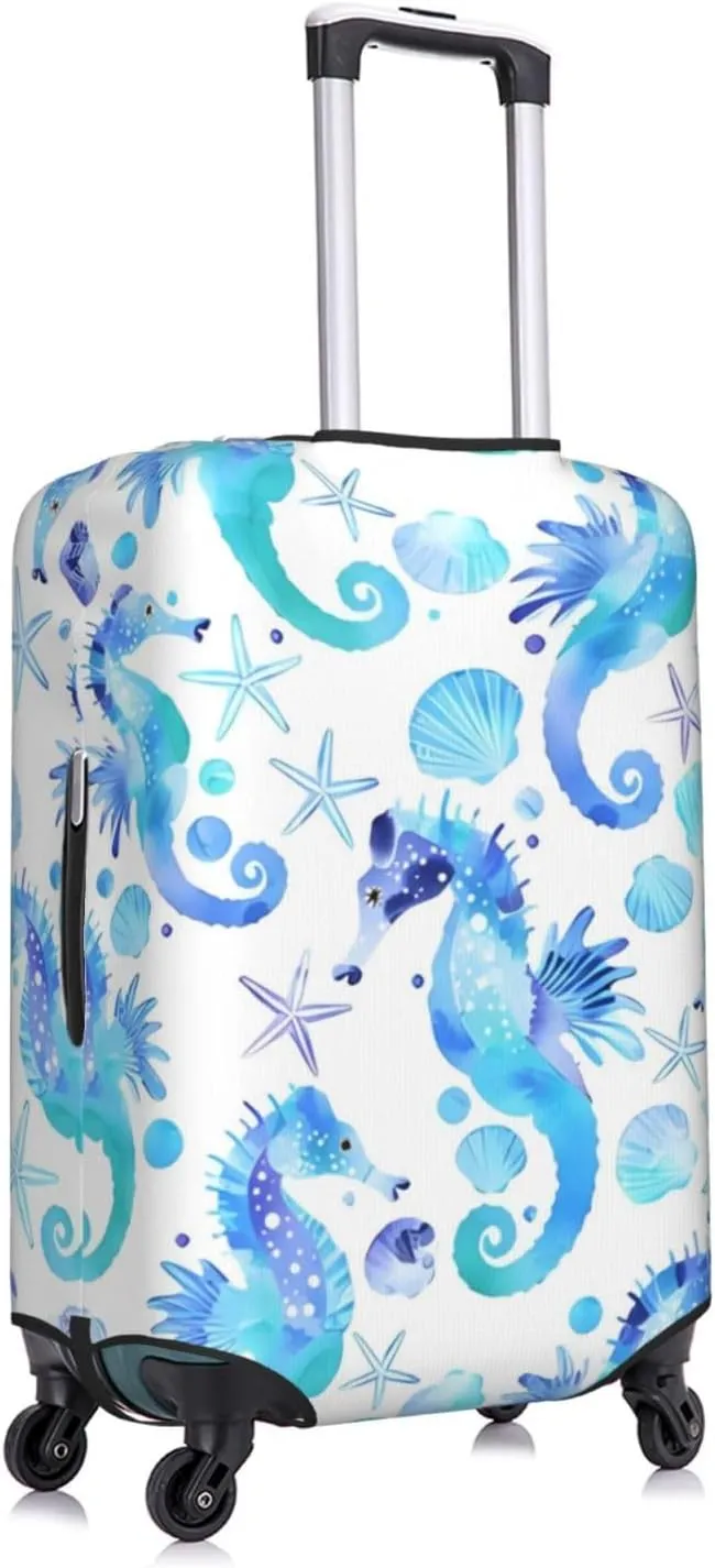 Travel Luggage Cover Suitcase Elastic Washable Watercolor Seahorses Starfishes Seashells Suitcase Protector Bag,Anti-Scratch Baggage Covers,X-Large