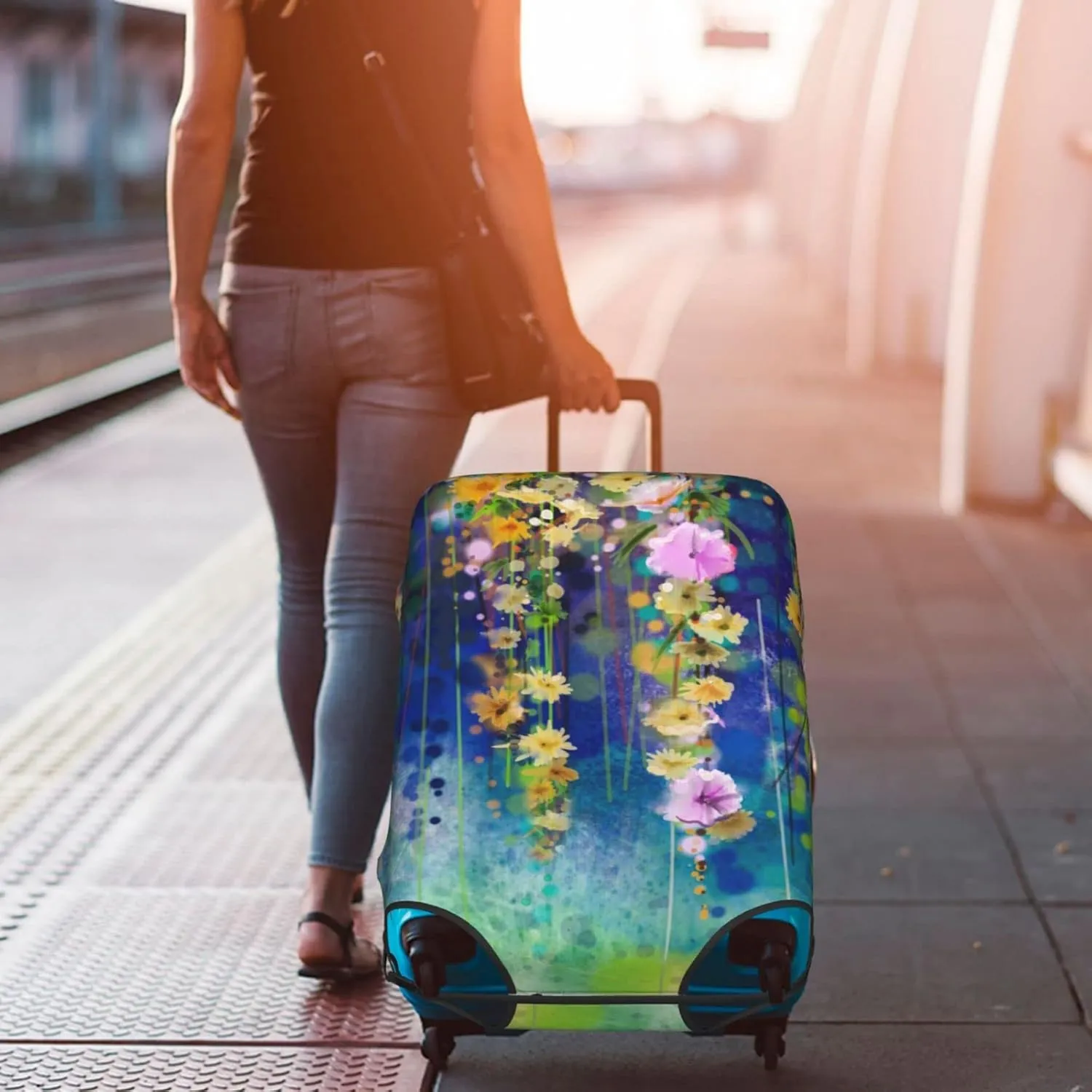 Travel Luggage Cover Suitcase Protector, Abstract Spring Flower Watercolor Elastic Stretch Anti-scratch Luggage Sleeve with Concealed Zipper for Spinner Wheeled Suitcase Fits 18-21 Inch Luggage
