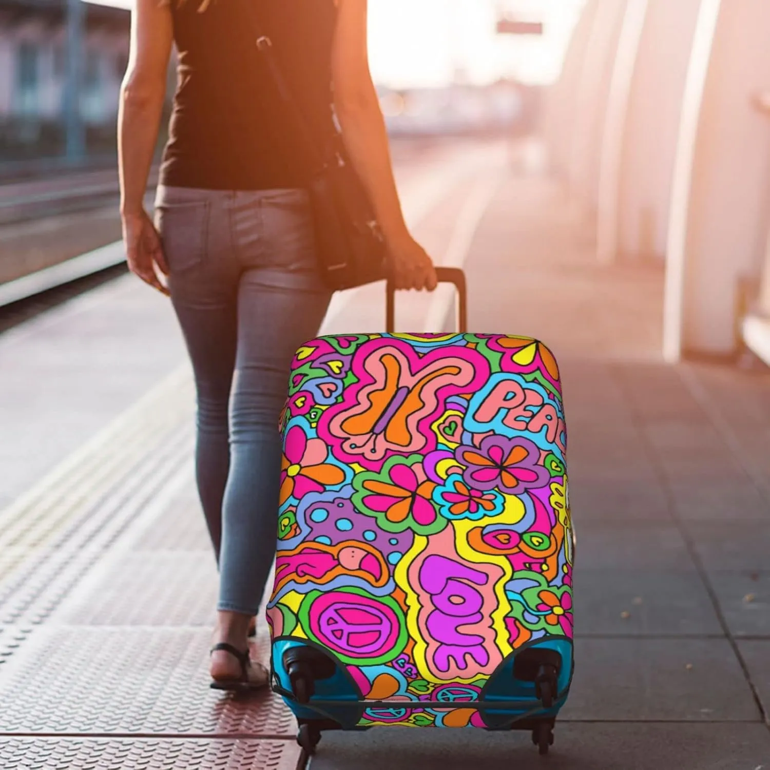 Travel Luggage Cover Suitcase Protector, Peace Sign Psychedelics Trippy Washable Elastic Stretchy Anti-scratch Travel Baggage Cover with Concealed Zipper for Wheeled Suitcase Fits 25-28 Inch Luggage