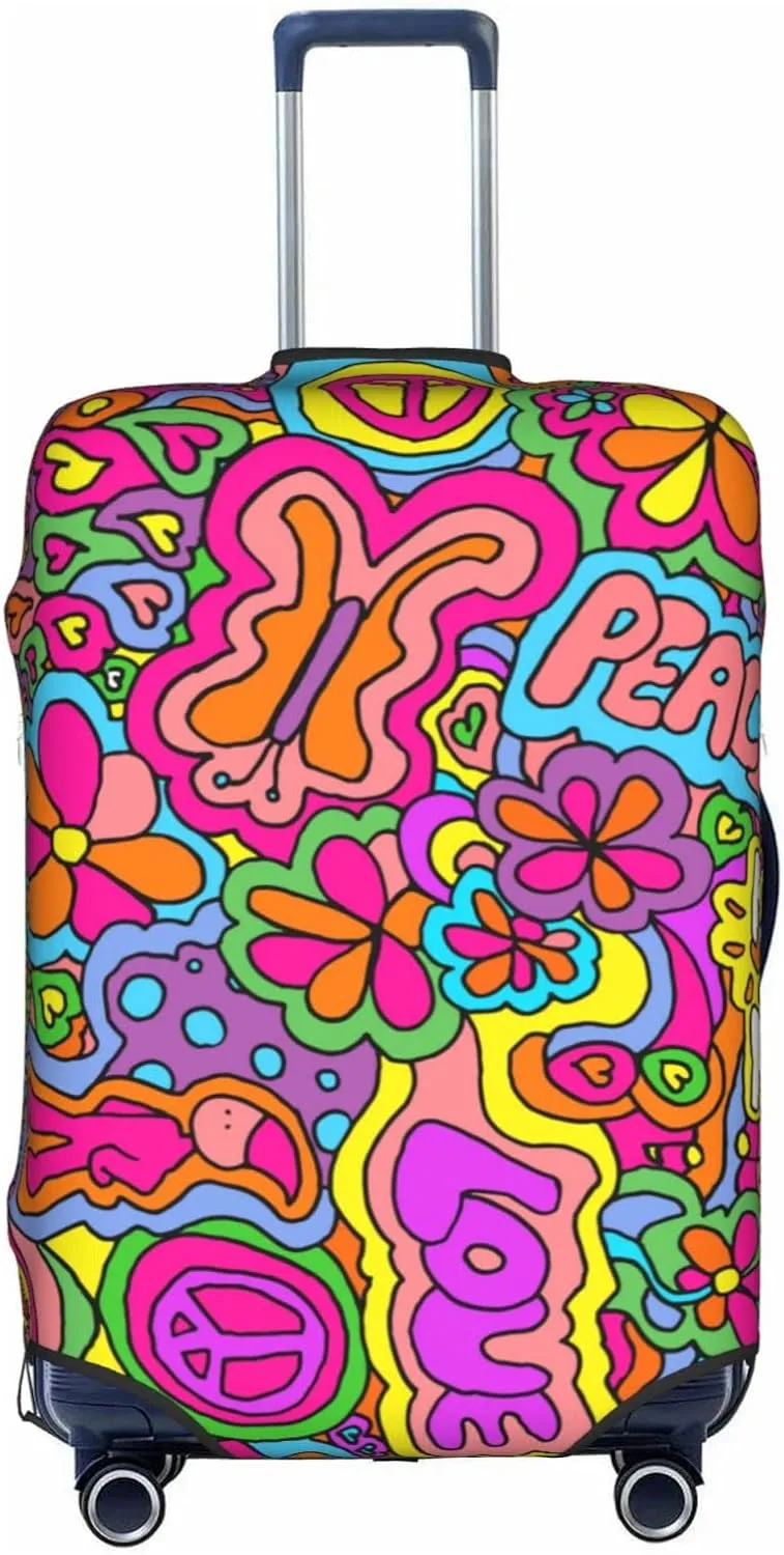 Travel Luggage Cover Suitcase Protector, Peace Sign Psychedelics Trippy Washable Elastic Stretchy Anti-scratch Travel Baggage Cover with Concealed Zipper for Wheeled Suitcase Fits 25-28 Inch Luggage