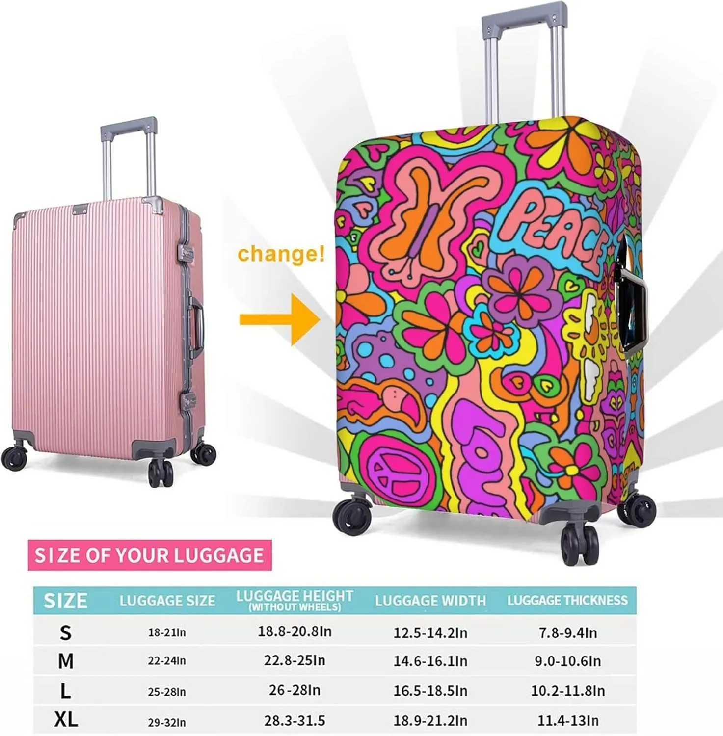 Travel Luggage Cover Suitcase Protector, Peace Sign Psychedelics Trippy Washable Elastic Stretchy Anti-scratch Travel Baggage Cover with Concealed Zipper for Wheeled Suitcase Fits 25-28 Inch Luggage